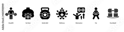 Strength and fitness web banner icon vector illustration with six pack training, kettlebell workout, wellness habits, daily motivation, fat reduction, dumbbell lifting, and building strength.