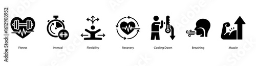 Training recovery web banner icon vector illustration featuring fitness interval, flexibility, post-workout recovery, cooling down, breathing techniques, muscle growth, and deadlift movement.