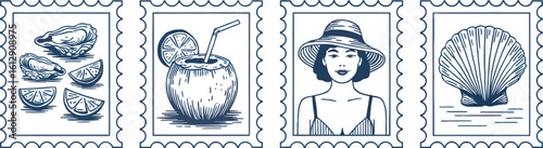 Coastal Summer Collection: A hand-drawn style series of stamps celebrating coastal summer. Featuring seafood, cocktails, stylish lady, seashells, evocative and artistic details.