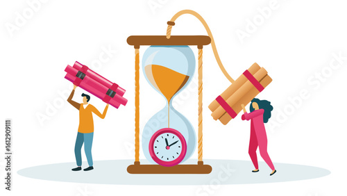People holding dynamite sticks near an hourglass and clock showing the concept of time pressure and urgency