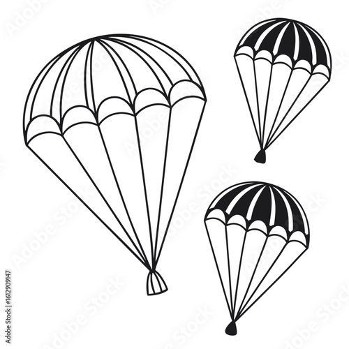 Three parachutes are featured in black and white with a transparent background