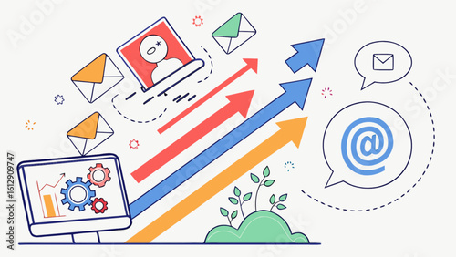 Email marketing campaign growth strategy with computer and arrows for business success and communication flow