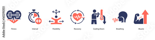 Training recovery web banner icon vector illustration featuring fitness interval, flexibility, post-workout recovery, cooling down, breathing techniques, muscle growth, and deadlift movement.
