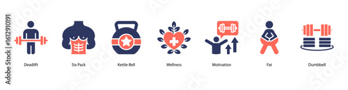 Strength and fitness web banner icon vector illustration with six pack training, kettlebell workout, wellness habits, daily motivation, fat reduction, dumbbell lifting, and building strength.