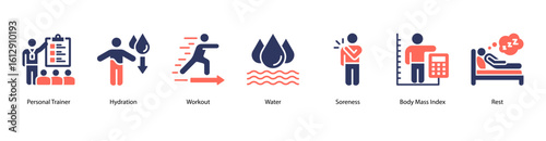 Personal fitness web banner icon vector illustration with personal trainer, hydration, workout routine, water intake, muscle soreness, body mass index, and rest recovery essentials.