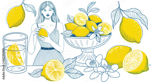 Fresh Lemon Artwork: A vibrant artwork showcases a serene composition of lemons, including a woman with a dress next to lemons, each piece radiating freshness and zest in a delightful display.