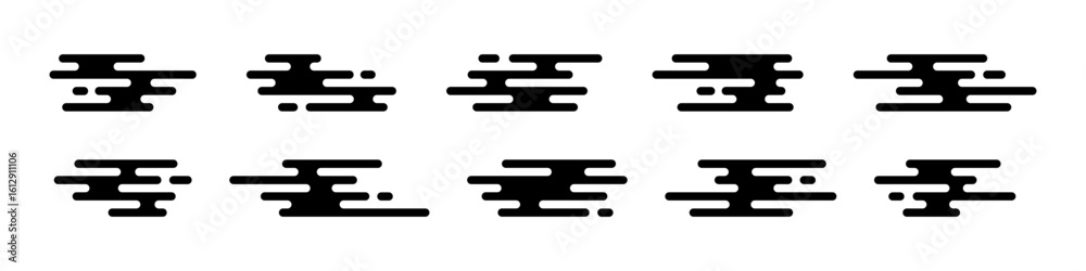 Japanese and Chinese cloud set. Asian cloud pattern. Simple black Japan or China style shapes. Traditional oriental design decorative element. Vector illustration isolated on white background. Japanese and Chinese cloud set. Asian cloud pattern. Simple black Japan or China style shapes. Traditional oriental design decorative element. Vector illustration isolated on white background.