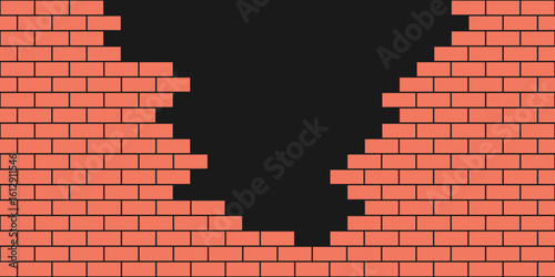 Brick wall hole. Broken red brick wall. Old building texture. Crack stone background. Graphic blocks frame. Vintage abstract vector illustration.