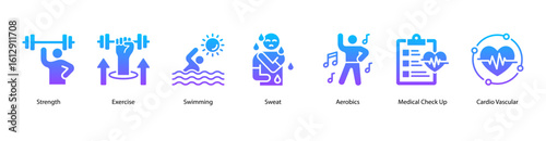 Aerobic fitness web banner icon vector illustration with exercise routines, swimming, sweat effort, aerobics class, medical check up, cardiovascular focus, and running activity.