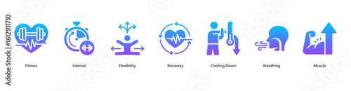 Training recovery web banner icon vector illustration featuring fitness interval, flexibility, post-workout recovery, cooling down, breathing techniques, muscle growth, and deadlift movement.