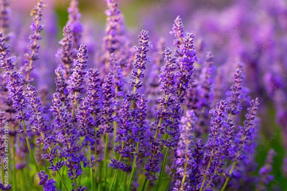 Naklejka premium Chia Plant: Lavandula Flower Blooming in Purple Field, Nature Garden Scene