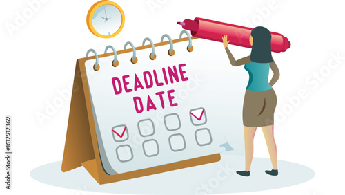 Woman marking deadline date on calendar with red marker near clock on white background illustration