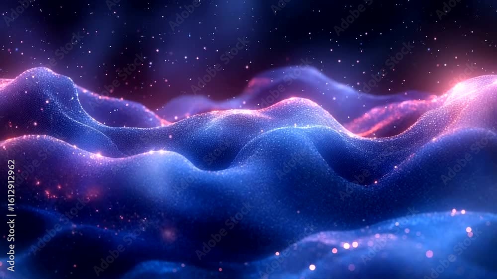 Abstract digital terrain with glowing particles and vibrant color palette