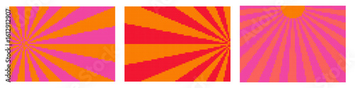 Retro pixel sun background set. Pixelated sunburst posters template