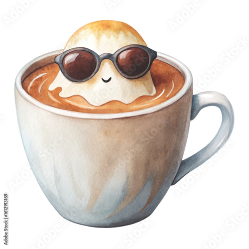 A cute little ghost wearing sunglasses sits coolly in a coffee cup Watercolor white background 