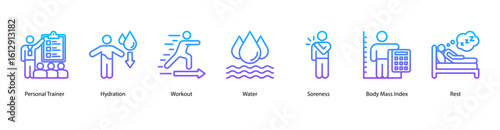 Personal fitness web banner icon vector illustration with personal trainer, hydration, workout routine, water intake, muscle soreness, body mass index, and rest recovery essentials.