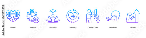 Training recovery web banner icon vector illustration featuring fitness interval, flexibility, post-workout recovery, cooling down, breathing techniques, muscle growth, and deadlift movement.