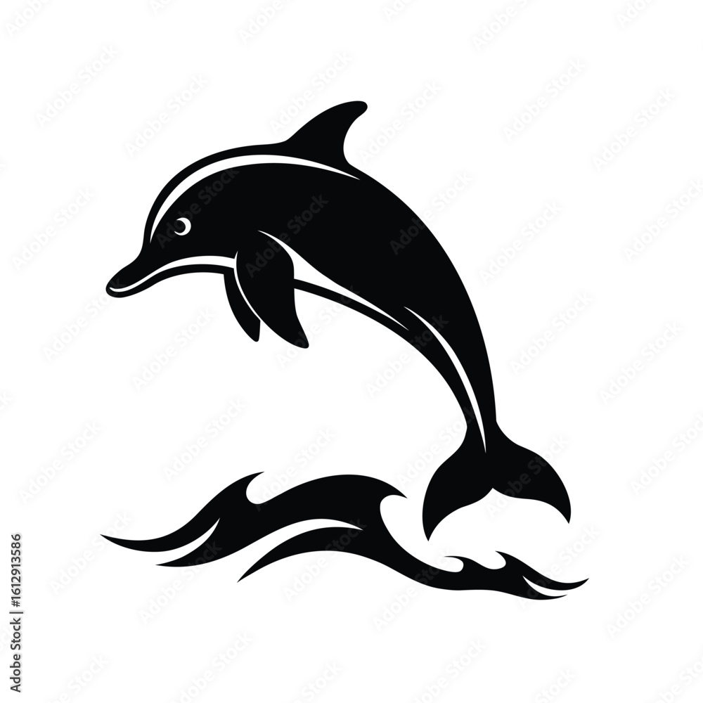 Fototapeta premium Dynamic dolphin leaping gracefully through stylized ocean waves silhouette art