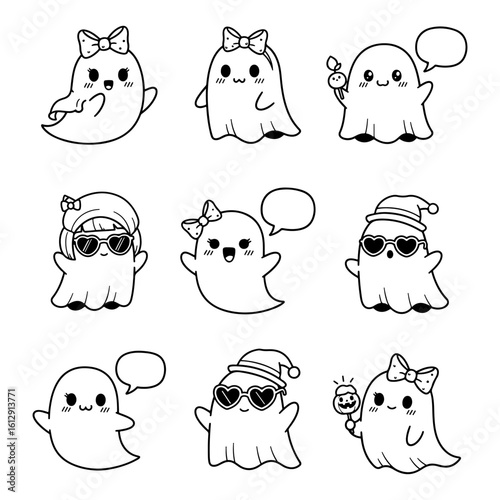 Cute Hand Drawn Ghost Characters with Accessories and Speech Bubbles in Doodle Style