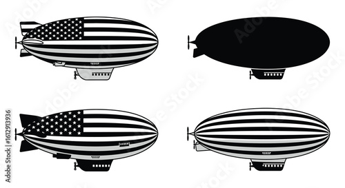 Four Airship Illustrations Black and White Stripes
