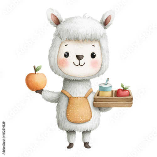 Animal Back to School watercolor concept. Cute character in a fluffy outfit holding fruit and a tray.