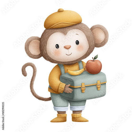 Animal Back to School watercolor concept. Adorable monkey character with backpack and apple.