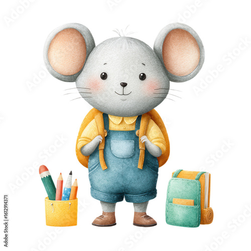Animal Back to School watercolor concept. Cute cartoon mouse character with a backpack and school supplies.