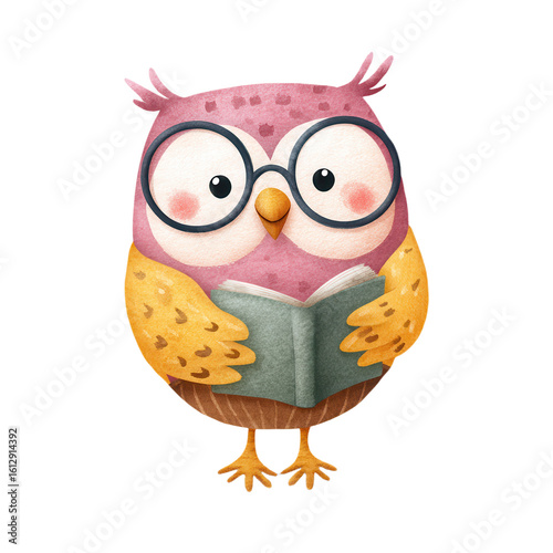 Animal Back to School watercolor concept. Cute owl wearing glasses and reading a book.