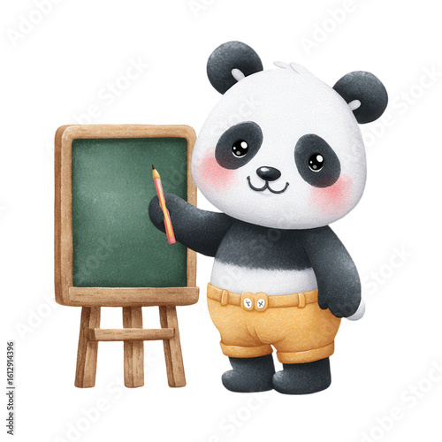 Animal Back to School watercolor concept. Cute panda character holding a pencil by a chalkboard.