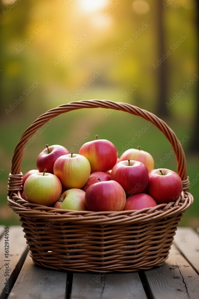 A basket of freshly picked apples on a wooden table outdoors, a background of early fall. A basket of freshly picked apples on a wooden table outdoors, a background of early fall.