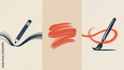 Creative Trio: Pencil and Brush Stroke Display, A artistic composition unveils the essence of creative tools. Each element seamlessly intertwined, conveying the essence of art. 