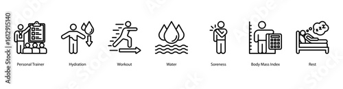 Personal fitness web banner icon vector illustration with personal trainer, hydration, workout routine, water intake, muscle soreness, body mass index, and rest recovery essentials.