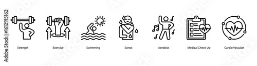Aerobic fitness web banner icon vector illustration with exercise routines, swimming, sweat effort, aerobics class, medical check up, cardiovascular focus, and running activity.