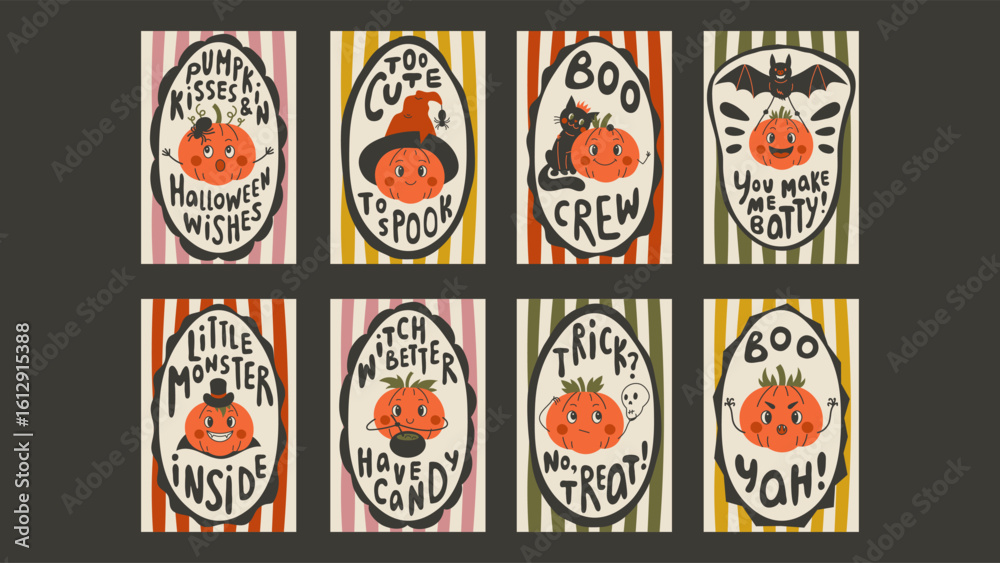 Naklejka premium Cute Halloween Poster set with Pumpkin and Funny Phrase. Hand drawn vintage greeting card collection with adorable spooky squash characters and quotes. Vector illustration in flat style