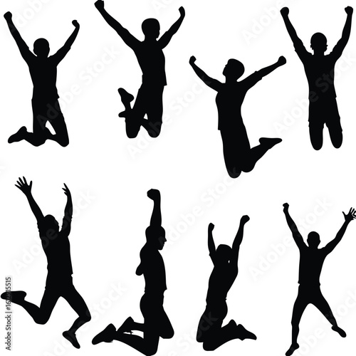 Dynamic Silhouettes of People Jumping with Exuberance Capturing Joyful Moments of Celebration and Movement in a Graphic Composition