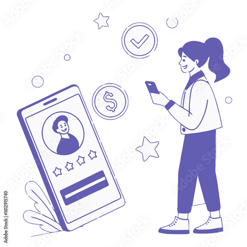 Mobile app review rating star woman phone online service feedback business technology application user interface vector art illustration and png sticker