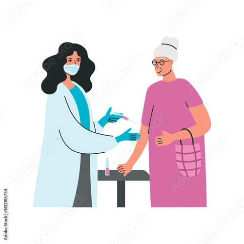 Elderly woman getting vaccinated. Vector illustration of doctor giving vaccination, eps 10.