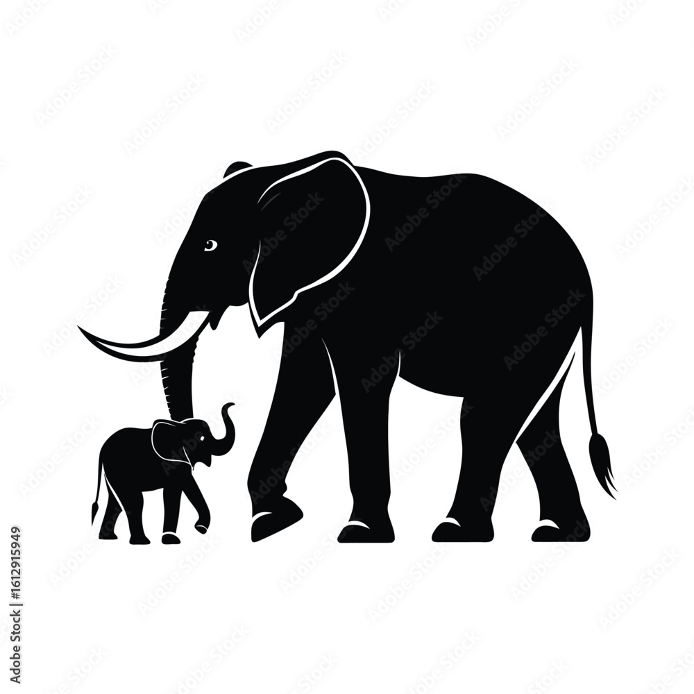 Fototapeta premium Majestic elephant and calf silhouette walking together on a clean white background