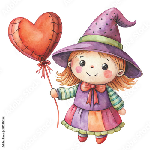 Rag doll cute little witch Holding a heart balloon Watercolor white background 