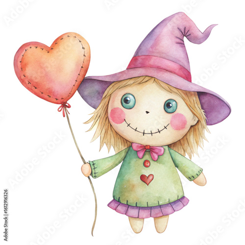 Rag doll cute little witch Holding a heart balloon Watercolor white background 