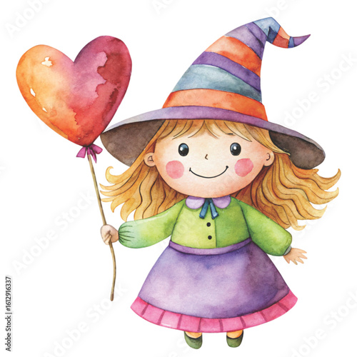 Rag doll cute little witch Holding a heart balloon Watercolor white background 