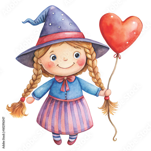Rag doll cute little witch Holding a heart balloon Watercolor white background 