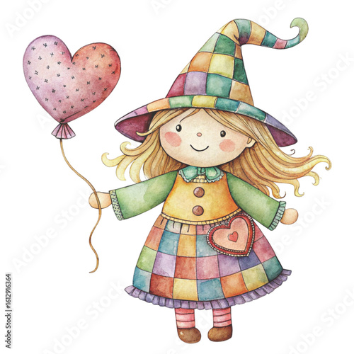 Rag doll cute little witch Holding a heart balloon Watercolor white background 