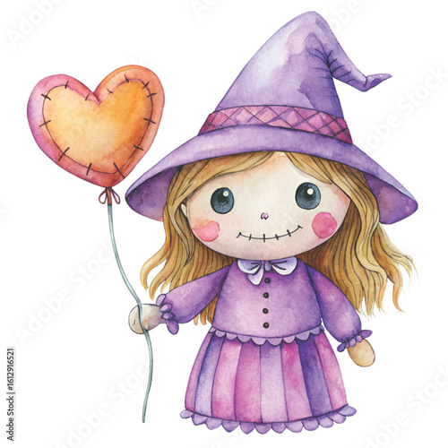 Rag doll cute little witch Holding a heart balloon Watercolor white background 