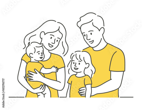 Minimal family icon showing father, mother, child, and baby in loving embrace, symbolizing unity, affection, and togetherness.