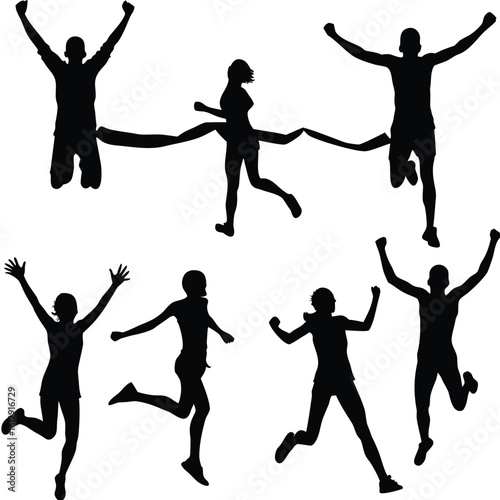 Dynamic Silhouettes of People Jumping with Exuberance Capturing Joyful Moments of Celebration and Movement in a Graphic Composition