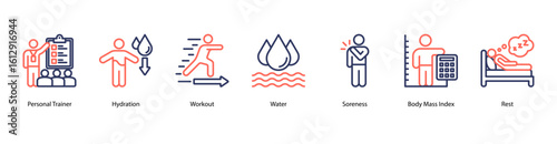 Personal fitness web banner icon vector illustration with personal trainer, hydration, workout routine, water intake, muscle soreness, body mass index, and rest recovery essentials.