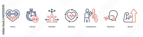 Training recovery web banner icon vector illustration featuring fitness interval, flexibility, post-workout recovery, cooling down, breathing techniques, muscle growth, and deadlift movement.