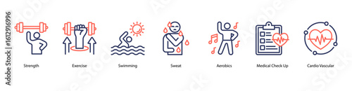 Aerobic fitness web banner icon vector illustration with exercise routines, swimming, sweat effort, aerobics class, medical check up, cardiovascular focus, and running activity.
