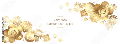 「金箔の花家紋の水彩背景」ベクター、イラスト
